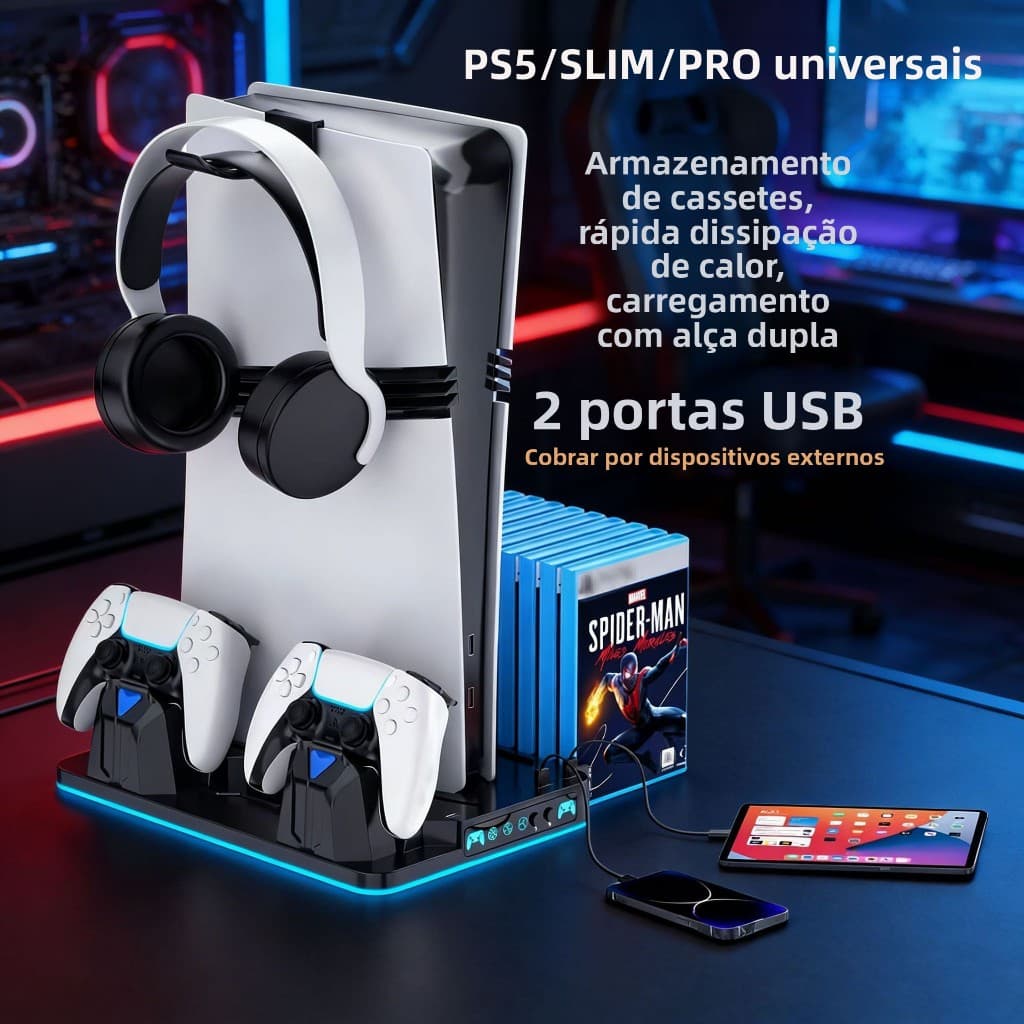 Suporte De Carregamento De Resfriamento Multifuncional Para PS5/PS5 Slim Pro , Estação Controlador Duplo Com Armazenamen