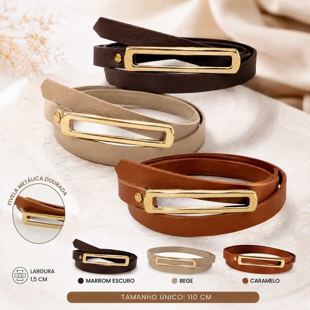 Cinto fino feminino couro sintético 1,5cm 110cm marrom bege caramelo para vestidos e saias