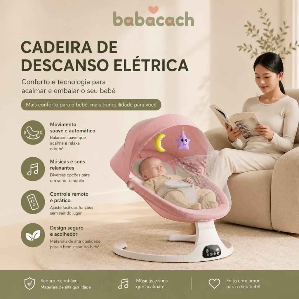 Rocker Elétrico Silencioso Automático Para Bebês Com Controle Remoto , Música E Rede Mosquiteira-Descanso Calmante Cadei