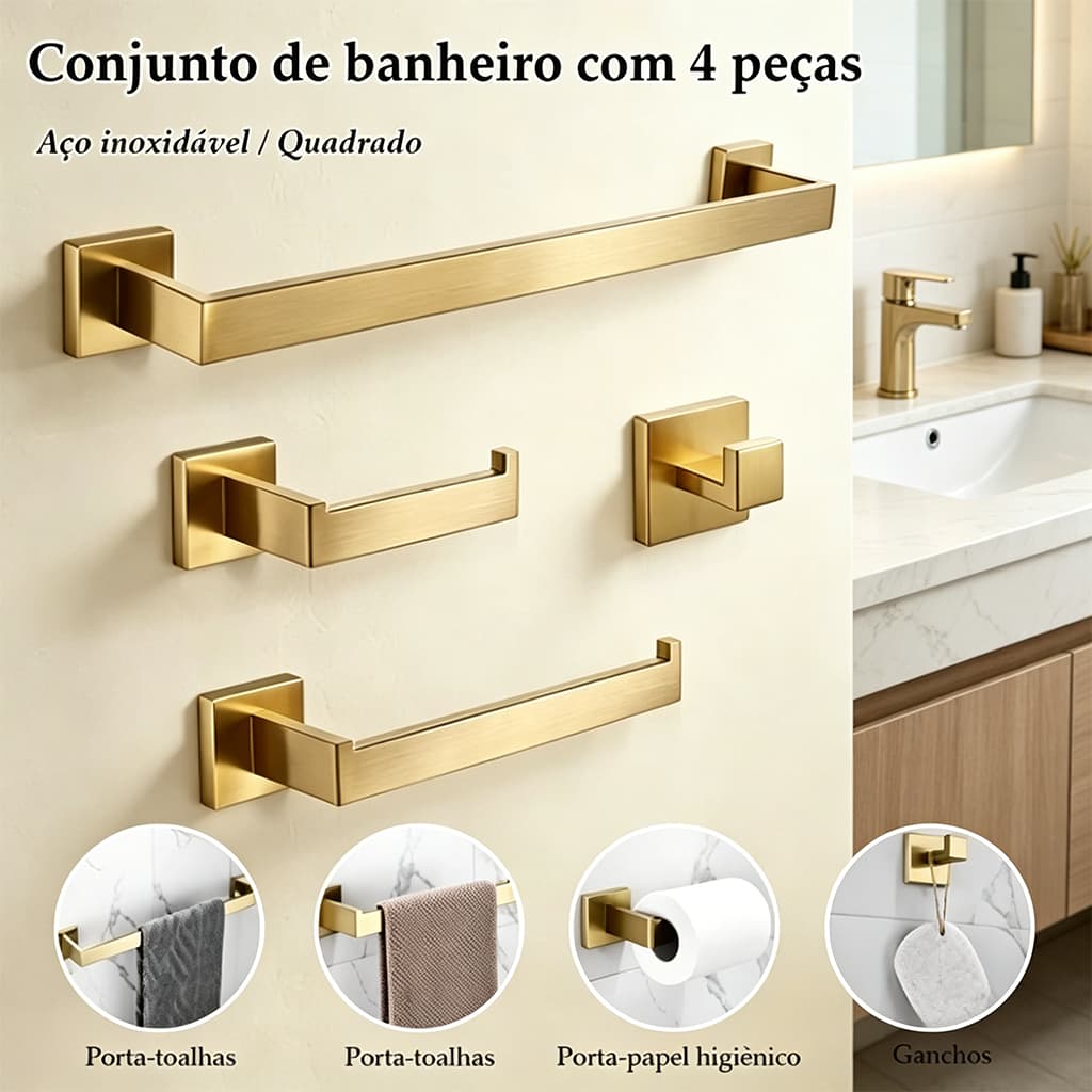 Kit Acessórios Para Banheiro Completo 4 Peças Inox 60cm Toalheiro De Banheiro Dourado Escovado
