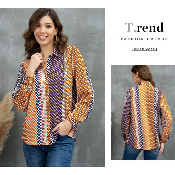 Camisa solta de manga comprida feminina tamanho grande Cardigan topo europeu americano geométrico bolinhas impressão out
