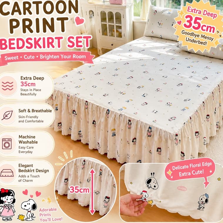 Saia De Cama Cadar Cartoon Snoopy Ruffle Pattern (Fofa Girl's Heart) Capa De Colchão Escovada Macia Lençol Protetor Com