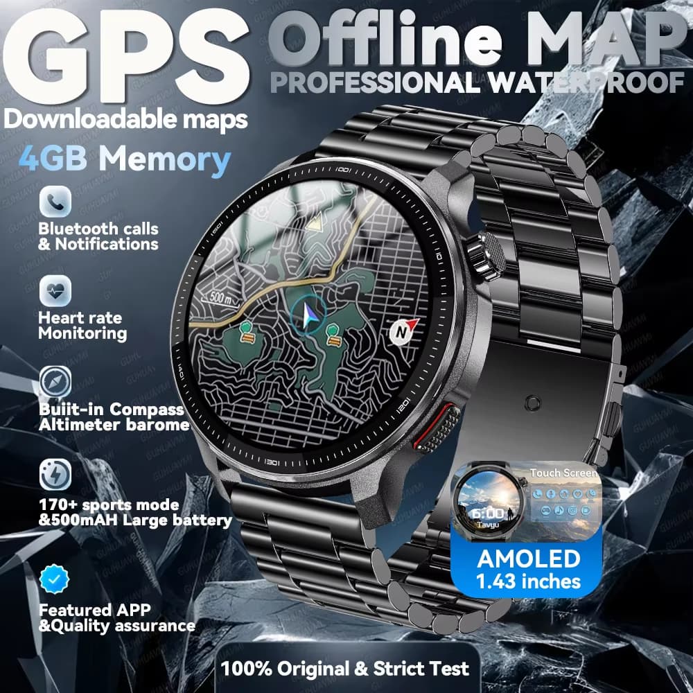 Novo GPS Offline Mapas Relógio Inteligente 1.43 " AMOLED Militar Esportes Smartwatch 4GB Memória Player De Vídeo 30m Nad