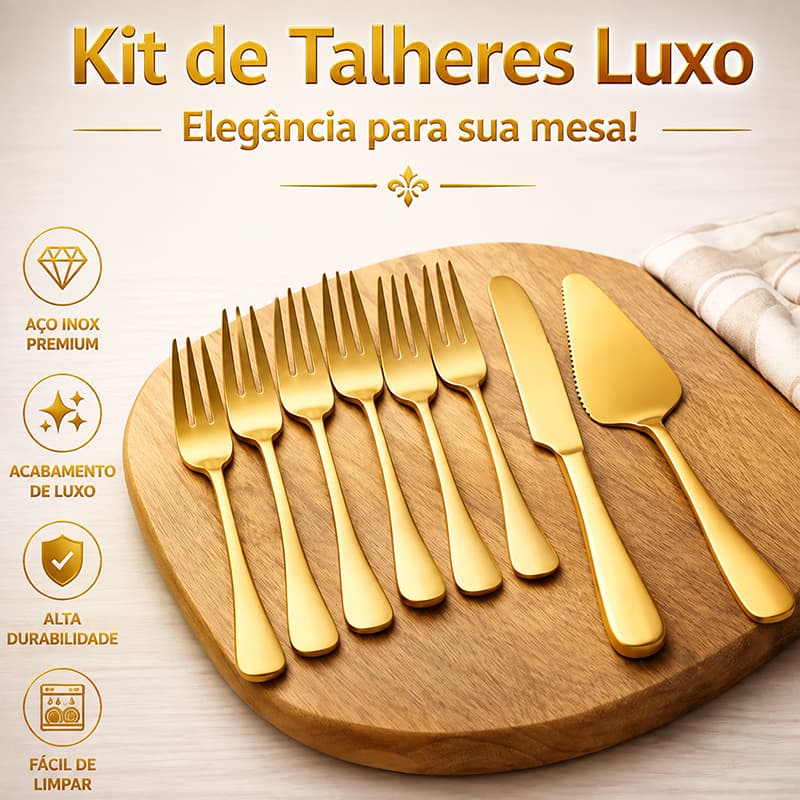 Kit 8 Peças Talheres Sobremesa Dourado Inox Premium Pá Faca Garfos Bolo Torta Pizza Luxo