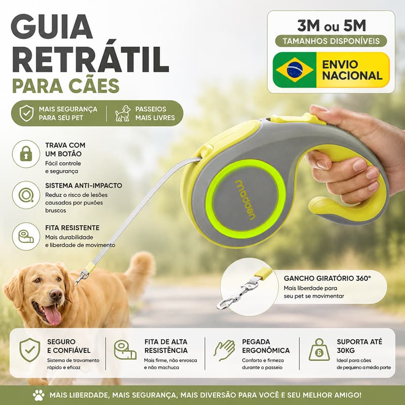 Guia Retrátil de Nylon para Cachorro e Gato Trava com um clique 3m / 5m para Cachorro e Gato Pequeno e Médio