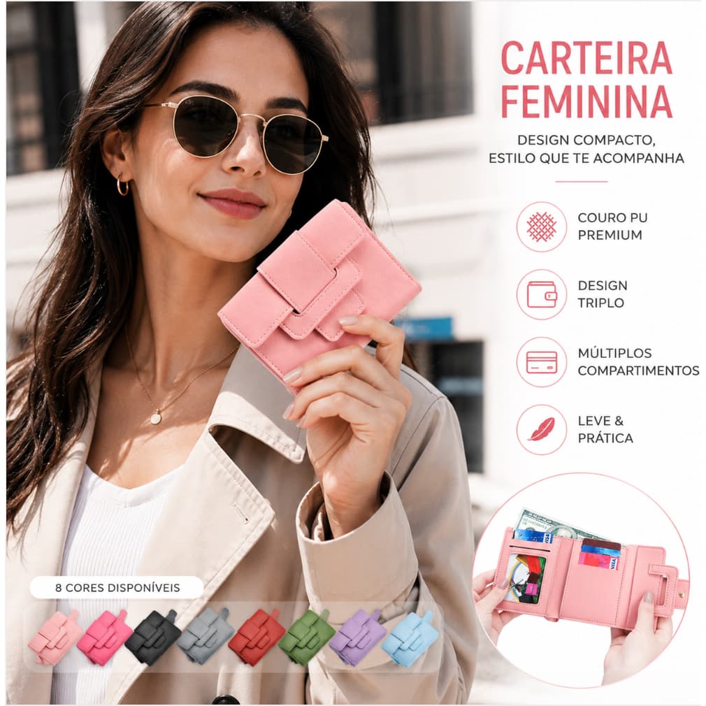 Carteira Trifold Feminina PU Pequena para Estudantes