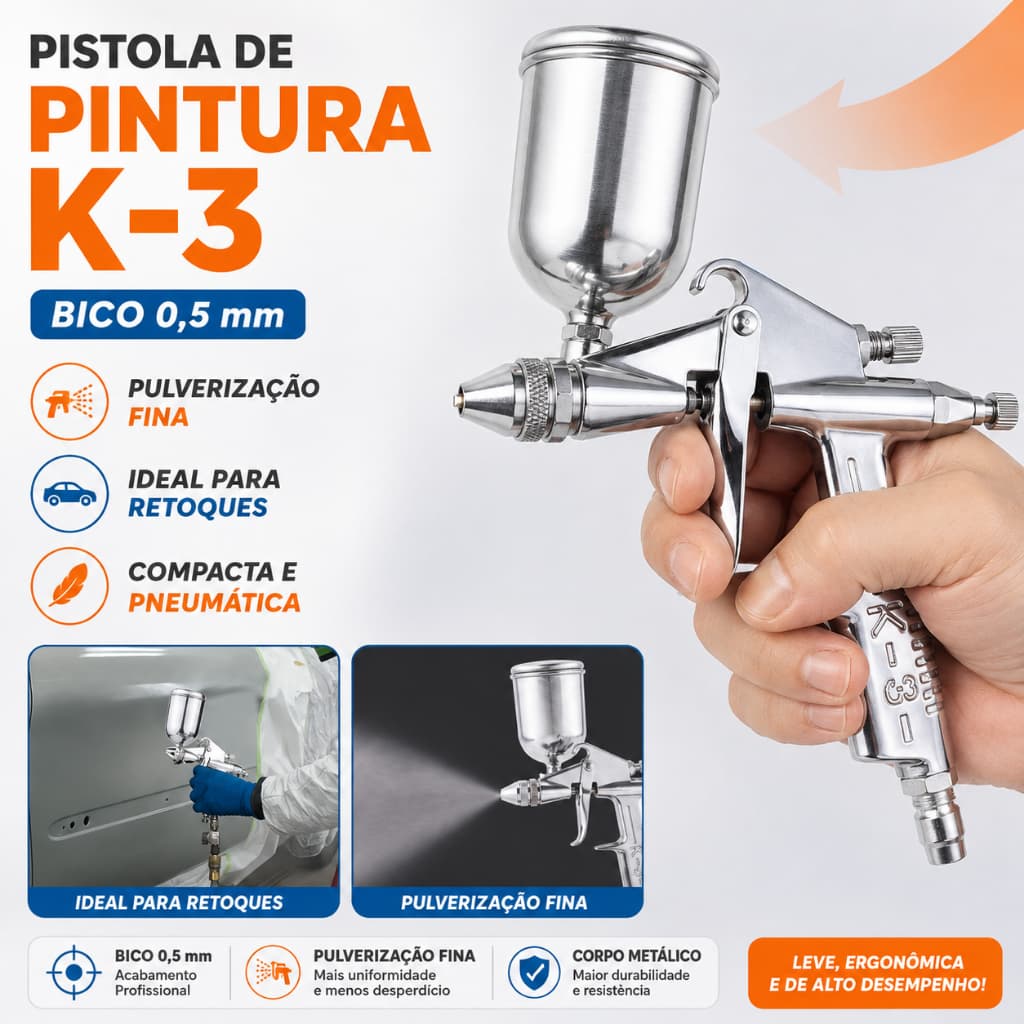 Pistola de Pintura K3 Aerógrafo Alumínio Gravidade 125 ml Bico 0,5mm Ajustável