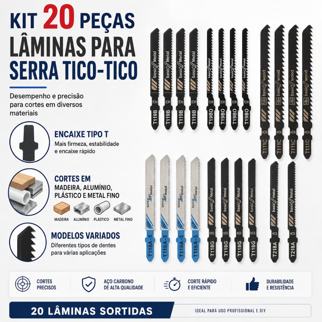 Jogo 20 lâminas serra tico tico corte perfeito madeira marcenaria profissional