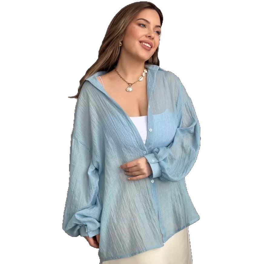 Rússia novo estilo camisa feminina temperamento cor sólida manga comprida Cardigan algodão linho protetor solar camisa e