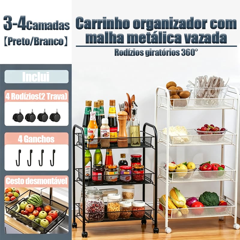 Carrinho Organizador Multiuso Auxiliar em aço com 3/4 Divisórias e com Rodinhas - Banheiro, Cozinha e Lavanderia