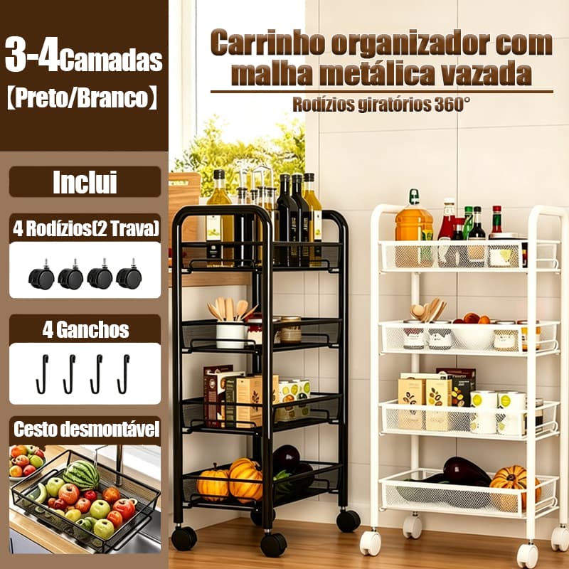 Carrinho Organizador de Cozinha 3/4 Camadas Com Rodas Resistente 4 Ganchos Grátis Cesto Drenagem Multifuncional