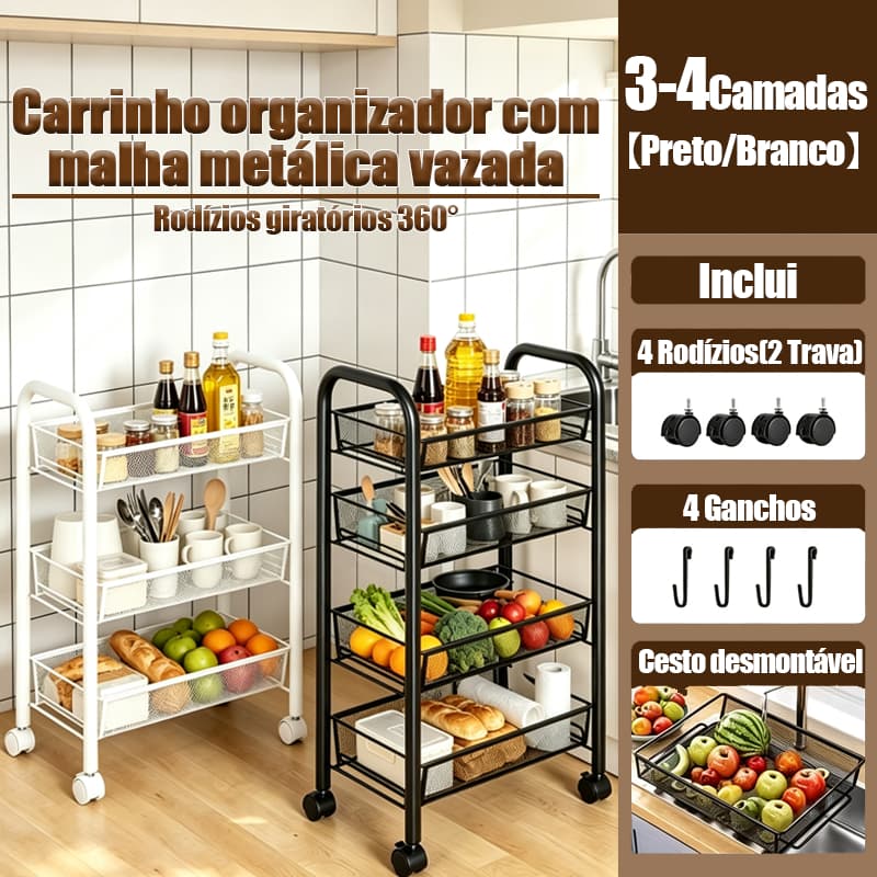 Carrinho Organizador Multiuso Auxiliar em aço com 3/4 Divisórias e com Rodinhas - Banheiro, Cozinha e Lavanderia