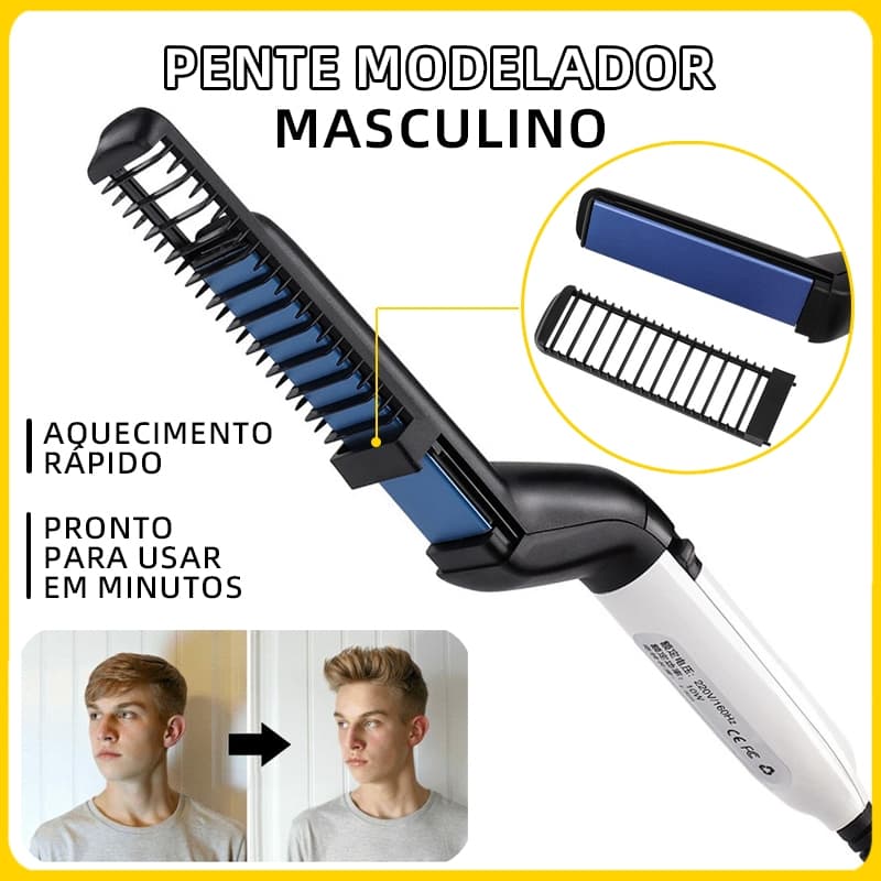 Escova Modeladora Elétrica Térmica Masculina 2 em 1 para Cabelo e Barba Bivolt Modelagem Rápida Cachos e Cabelo Liso