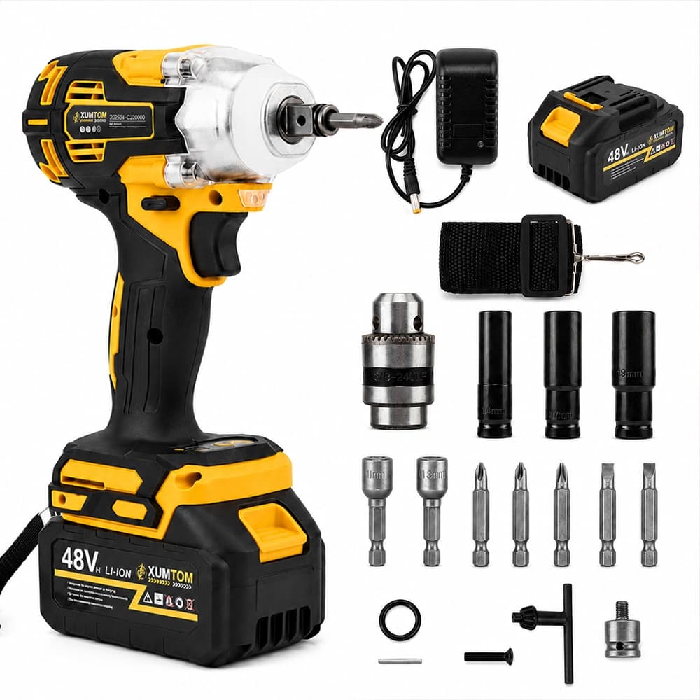 Chave de Impacto Elétrica Sem Fio 450NM Com 48V Bateria Motor Brushless Kit Completo Acessórios