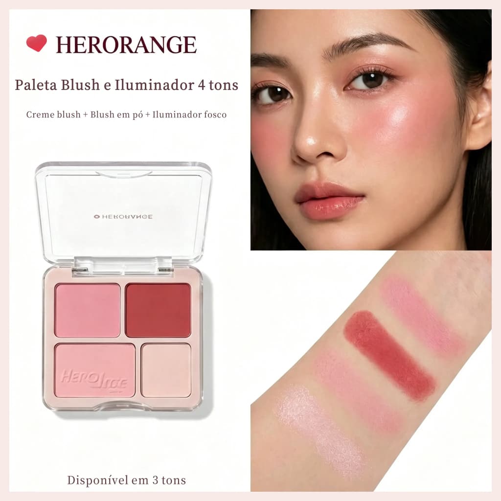 Paleta de Blush e Iluminador HERORANGE 4 Cores, Creme e Pó Mate Iluminação Suave Maquiagem Facial Natural Estilo Coreano
