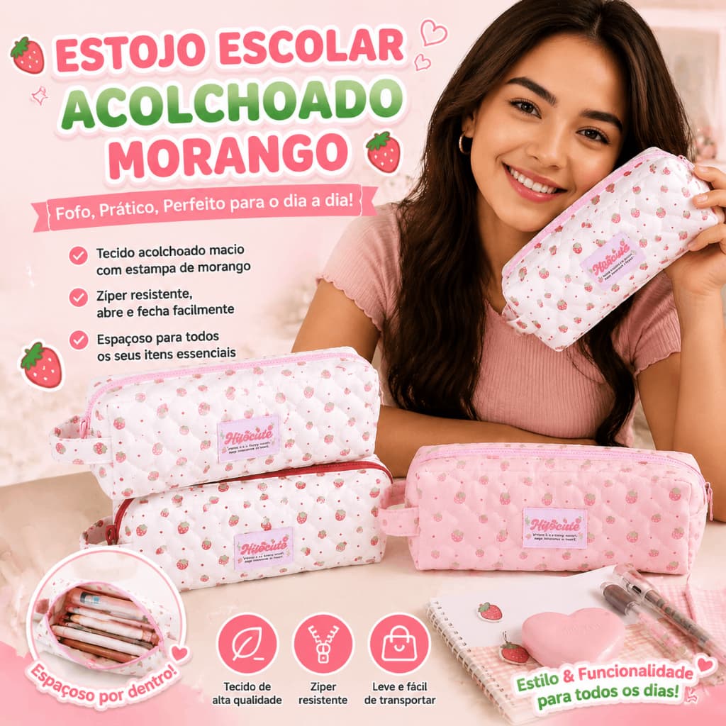 Estojo De Lápis De Morango Fofo Bolsa De Papelaria Para Estudantes De Grande Capacidade