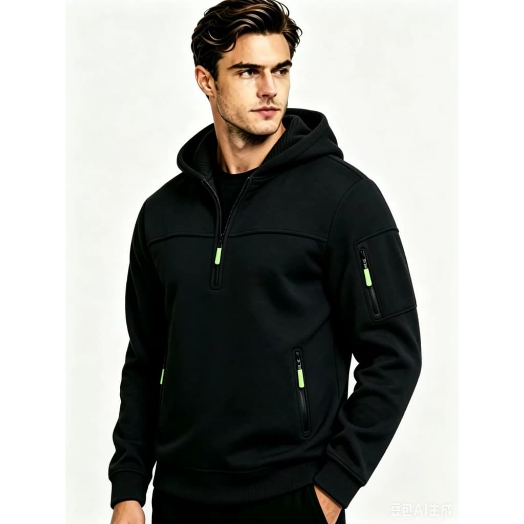 Outono inverno moletom masculino com capuz meio zíper Multi-bolso pulôver fita masculina com capuz Sw