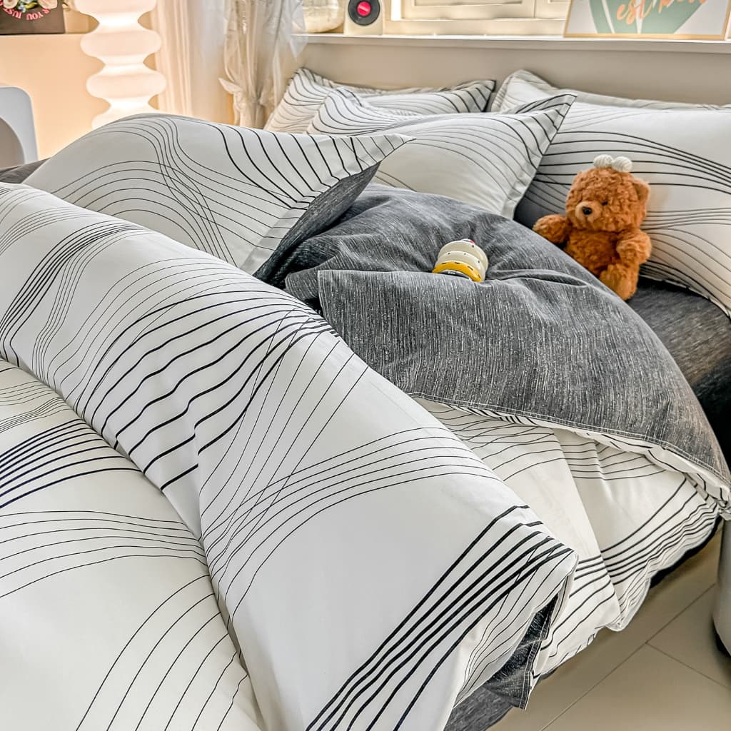 Conjunto De Cama Geométrico Preto 4 Em 1 Grade Geométrica Quatro Peças Minimalista Queen Lençol