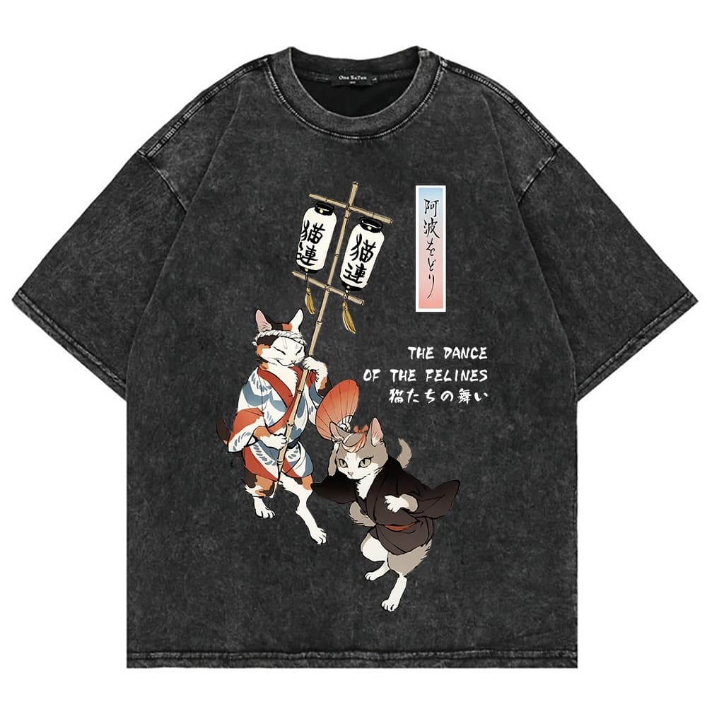 100 % Algodão Vintage Lavado Os Gatos Dançantes De Awa Odori Estilo Japonês Camiseta Moda Masculina Retro Gato Solto Áci