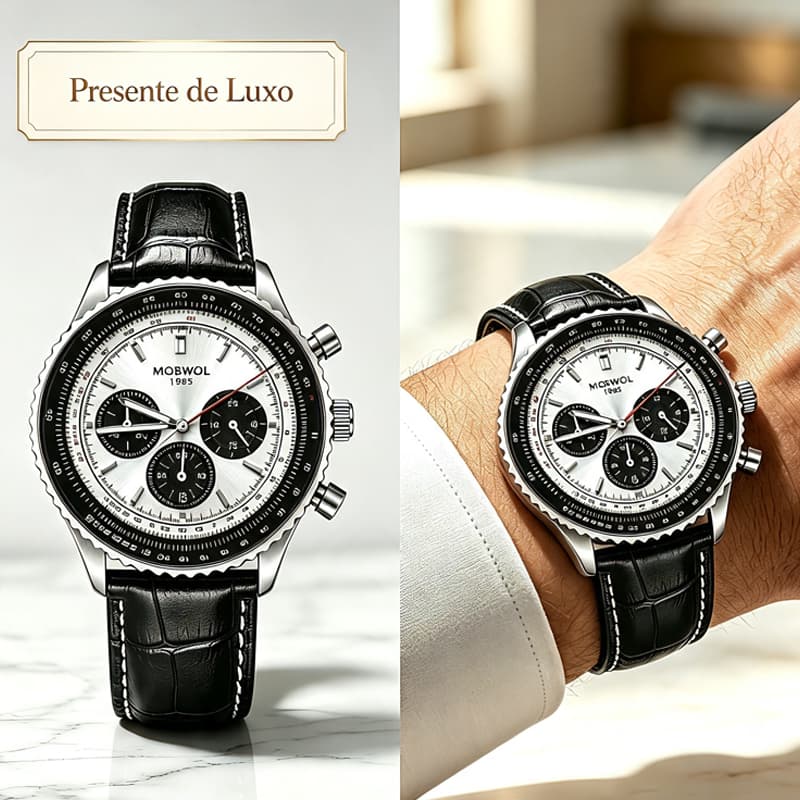 Rel贸gio Masculino Quartzo Luxo A莽o Inoxid谩vel Pulseira Couro Leg铆timo Cron贸grafo 3 Olhos Luminoso Dia e Data 3ATM 2613