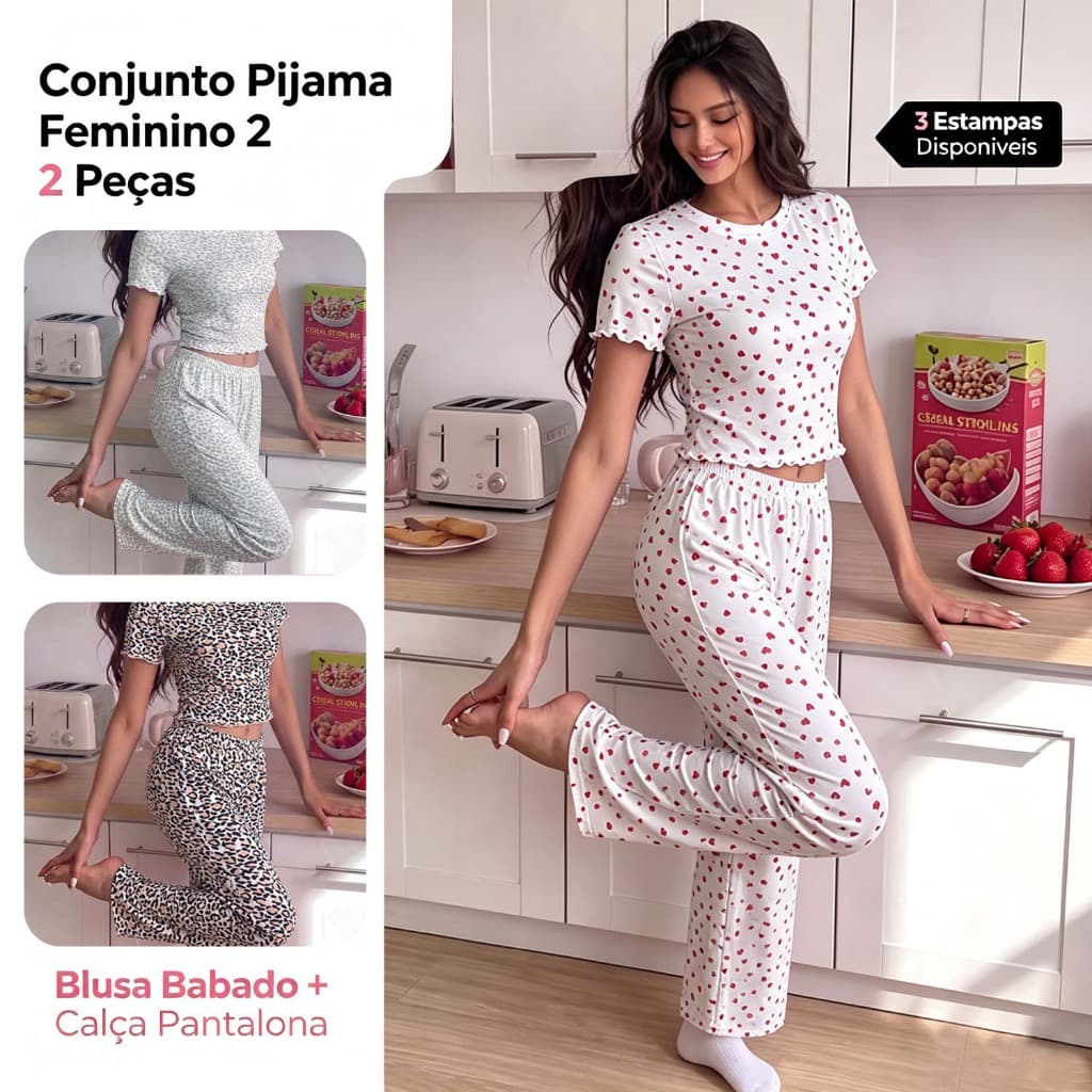 Conjunto De Loungewear Feminino Estampado De 2 Peças , Top Curto De Manga Curta Com Babados E Calças Compridas De Pernas