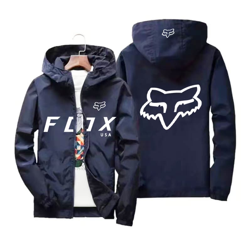 Uma Jaqueta À Prova De Vento Com Capuz E Estampa De Logotipo De Raposa , FLUX USA Estampado casual Zíper Para Caminhadas