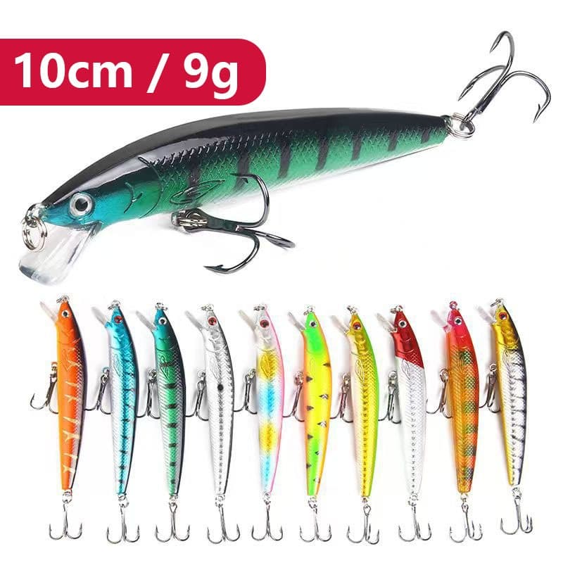 Isca Artificial Minnow 10cm 9g Arremesso Longo, 2 Anzóis Triplos, Isca Rígida para Pesca Água Salgada e Doce