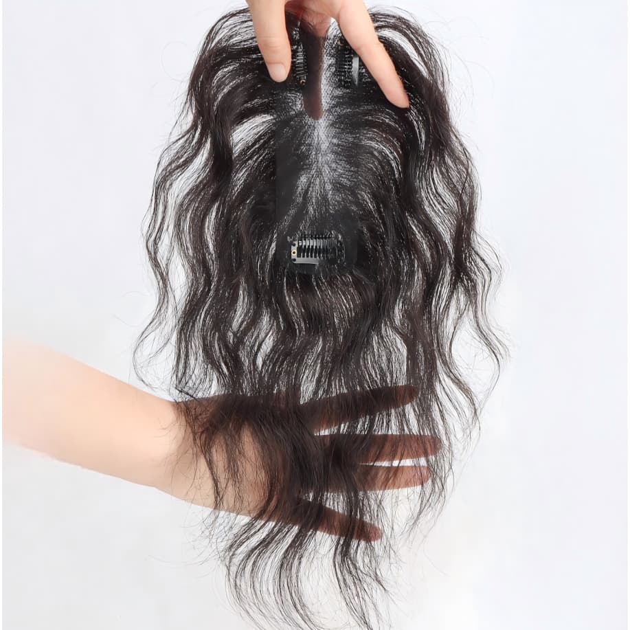 Artigo decorativo Topo Topper 5x13cm Base leve fina de renda invisível Aplique de Cabelo Humano com tic‑tac 25cm