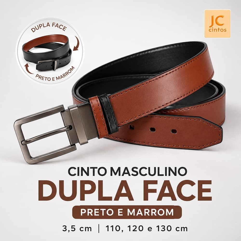 Cinto masculino dupla face 3.5 cm preto e marrom Cinto elegante fivela de Metal ajustável110120130C cm Social e Lazer