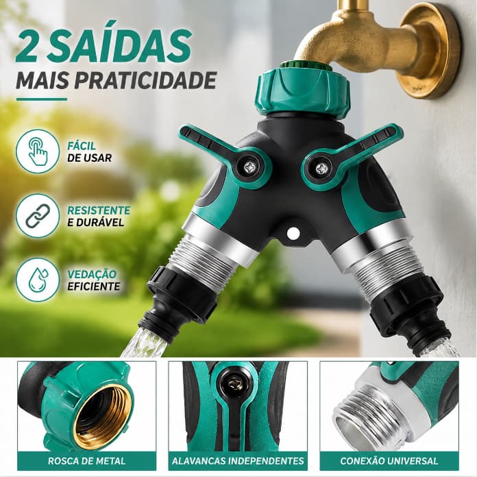Conector Y Duplo em Zinco para Torneira 3/4" - Divisor de Água com Válvulas, Ideal para Irrigação de Jardim