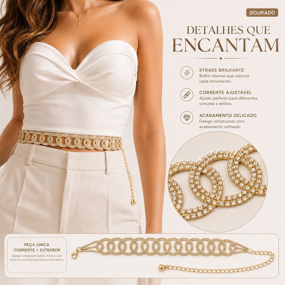 Cinto elegante ajustável dourado de lantejoulas feminino, adequado para vestidos de noite e estilos elegantes