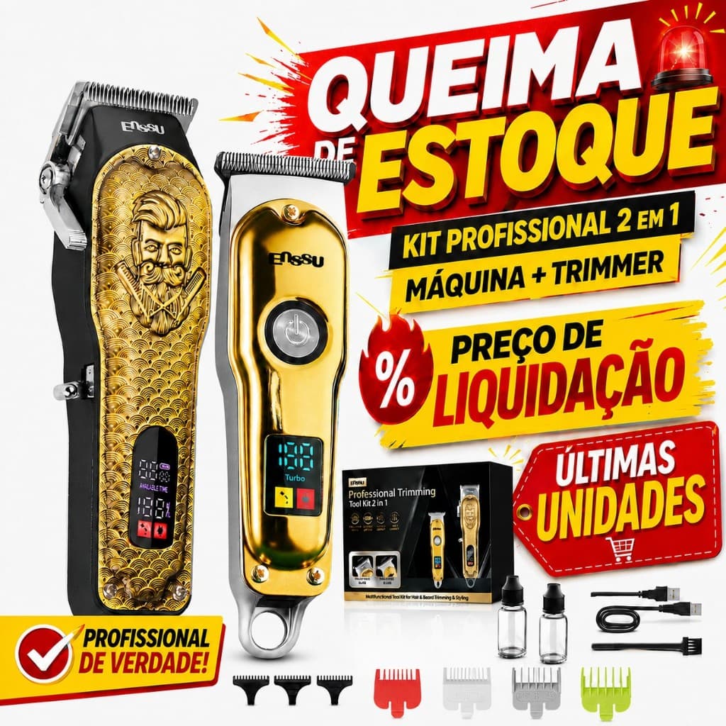 Máquina de Cortar Cabelo Profissional Sem Fio LCD + Aparador de Barba Kit 2 em 1
