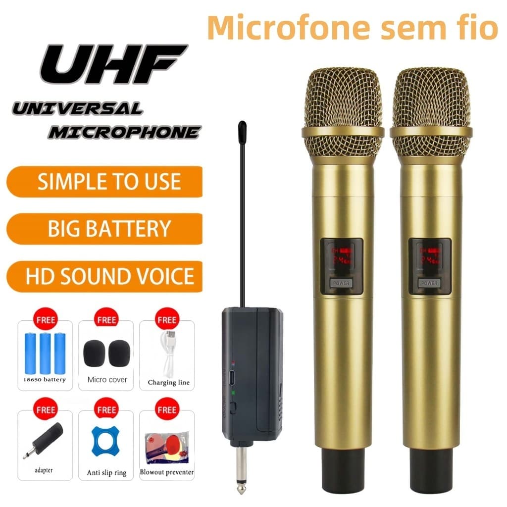 Microfone Sem Fio Recarregável Dual Handheld Karaoke para Festa, Casamento e Church Recarregável