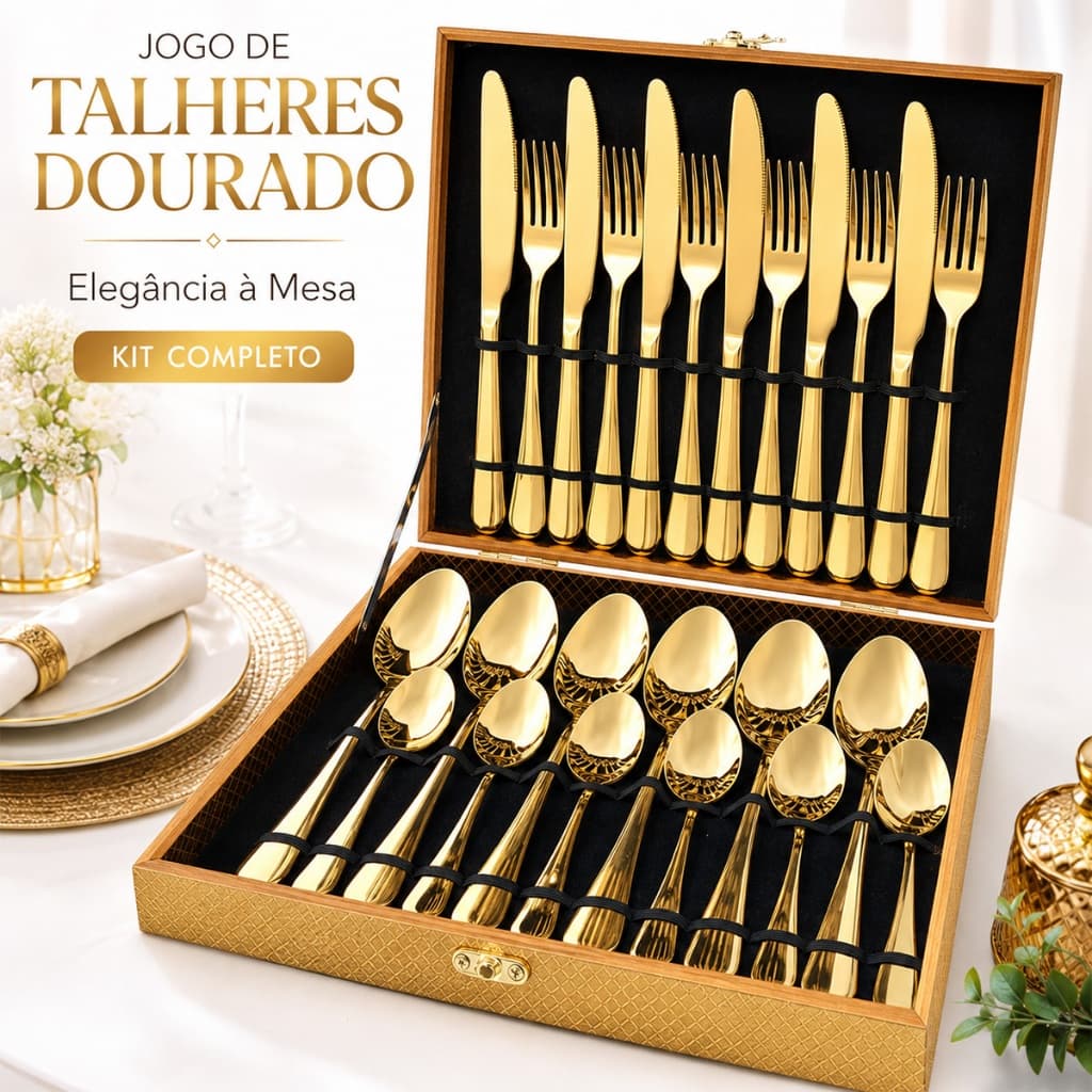 Kit Faqueiro Maleta De Talheres Inox 24 Peças Com Dourado Chique