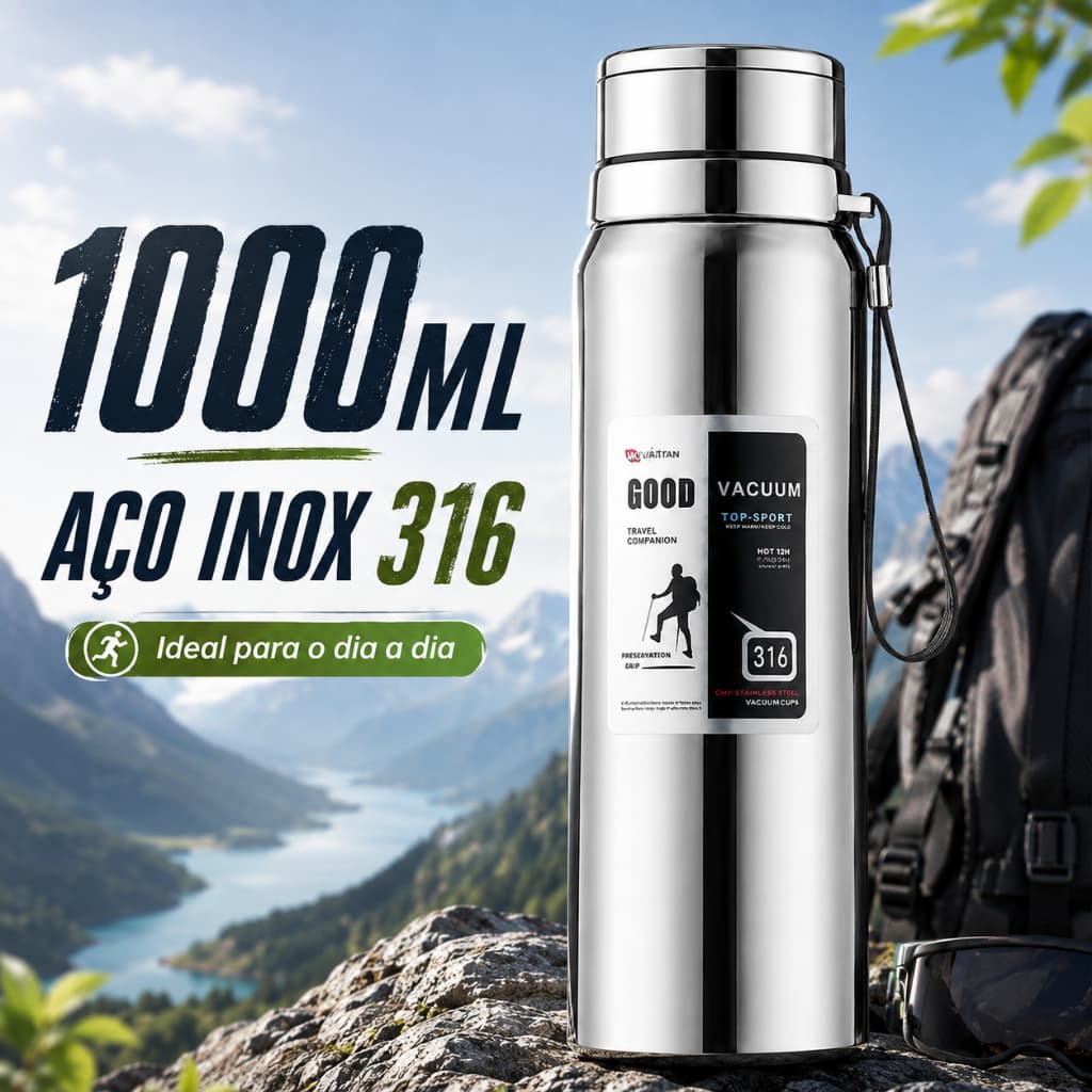 Garrafa 1000ml Aço Inoxidável Térmico Com Infusão De Capuz Prateado Effeclog Caphé Alça