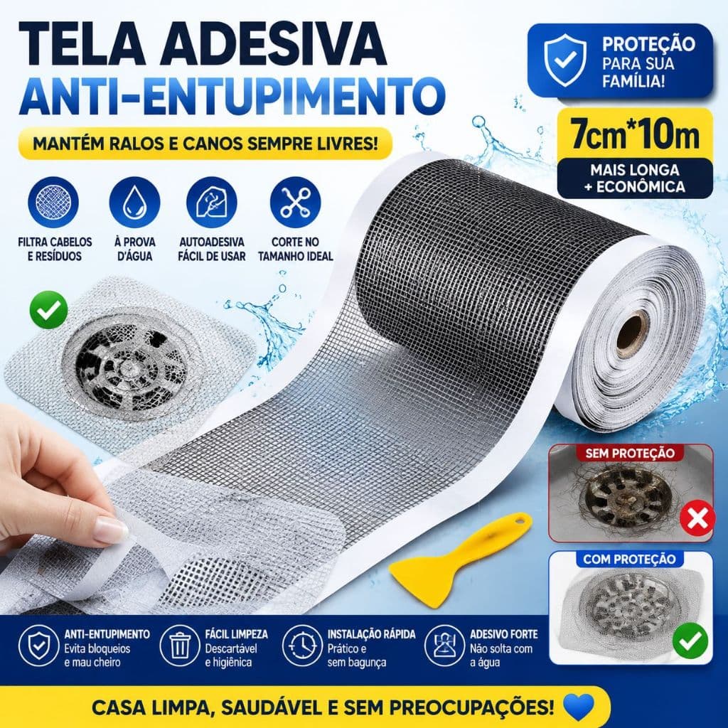 Tela Protetora De Ralo 10M Para Banheiro Chuveiro Filtro Drenagem Piso Auto Adesivo Descartável