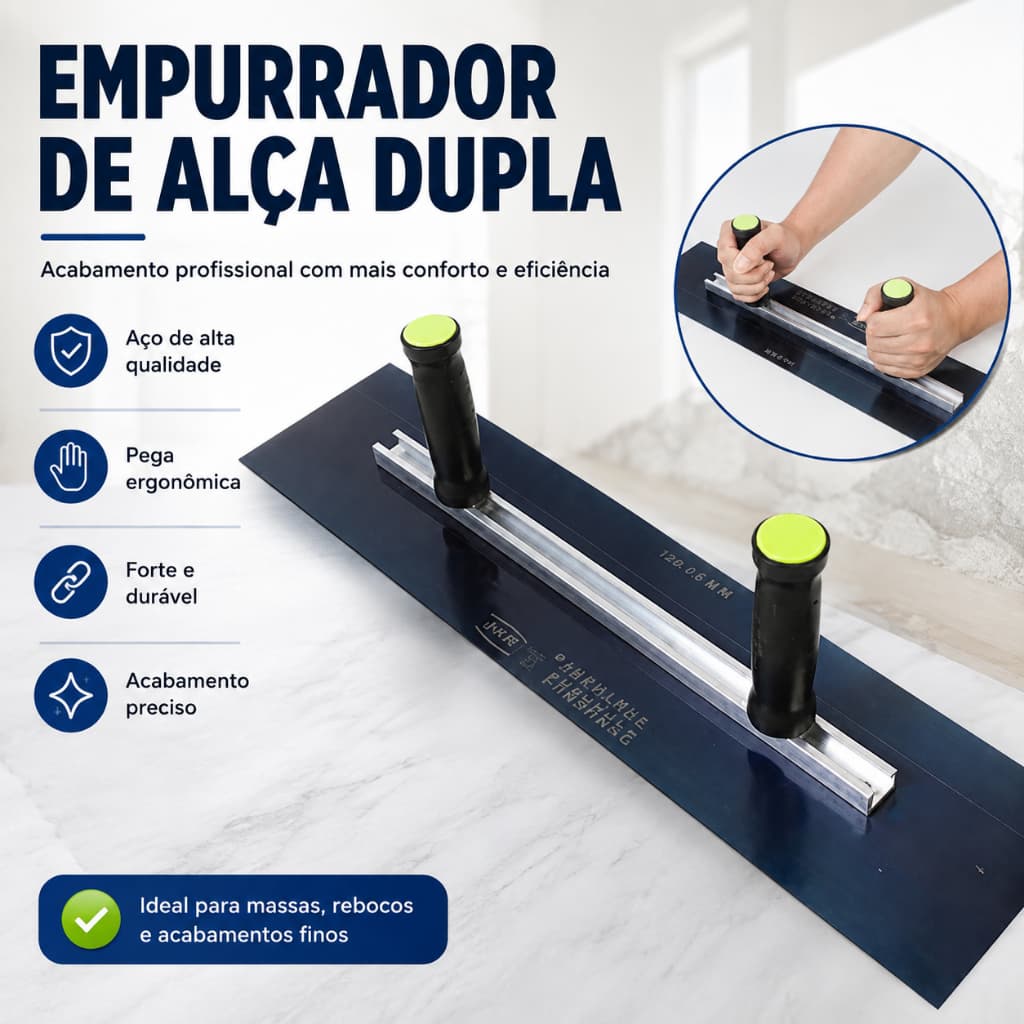 Espátula inox lisa dois cabos, ferramenta profissional para massa corrida e textura de paredes