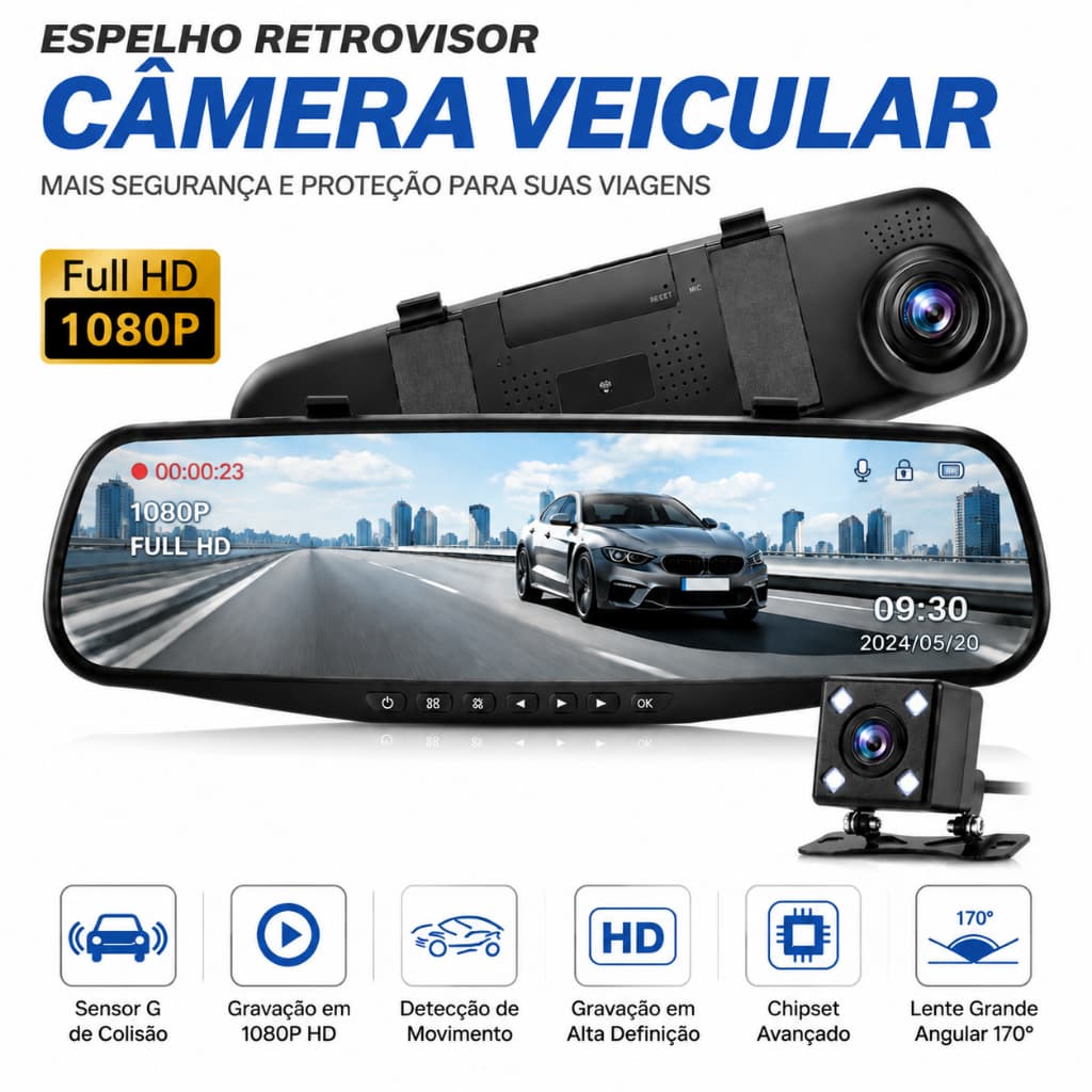 Câmera dupla HD 1080P  4,5 polegadas com gravação veicular, gravador em formato espelho retrovisor