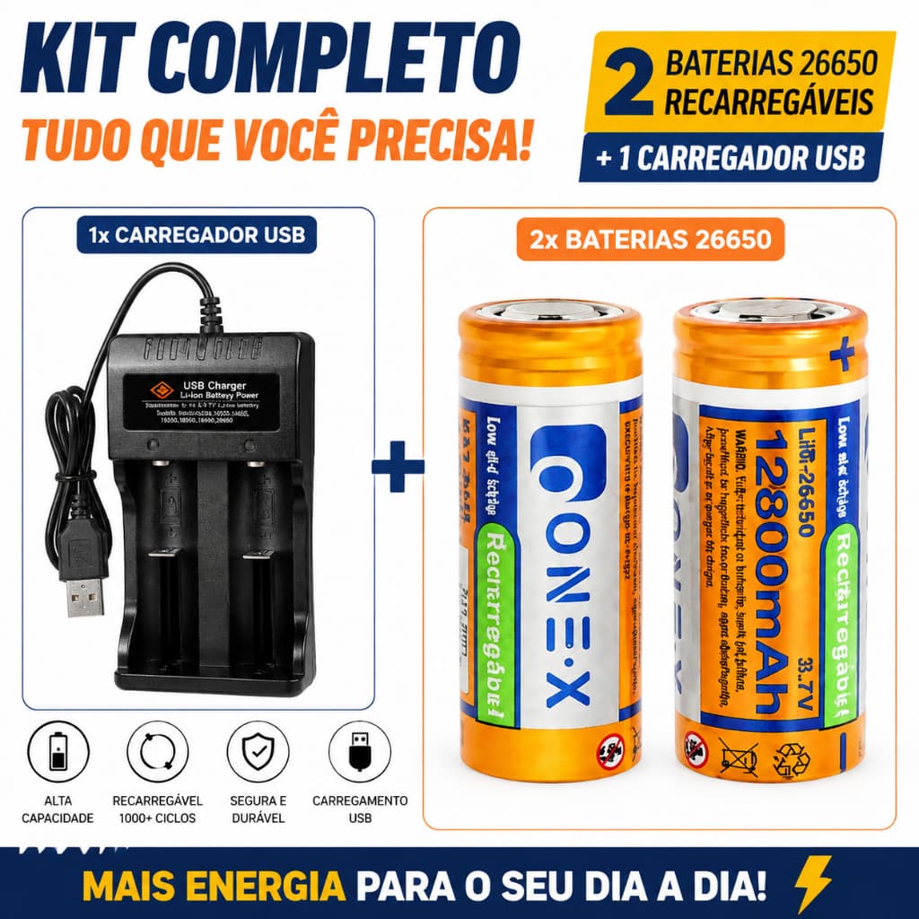 Kit Carregador USB + Baterias 26650 Recarregáveis 3.7V para Lanterna, Camping e Rádio