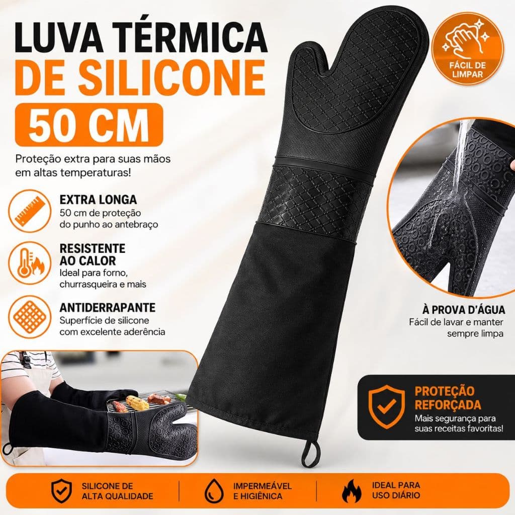 Luva Térmica 50cm Industrial Alta Temperatura Silicone Algodão para Forno Fogão Churrasco Cozinha Profissional