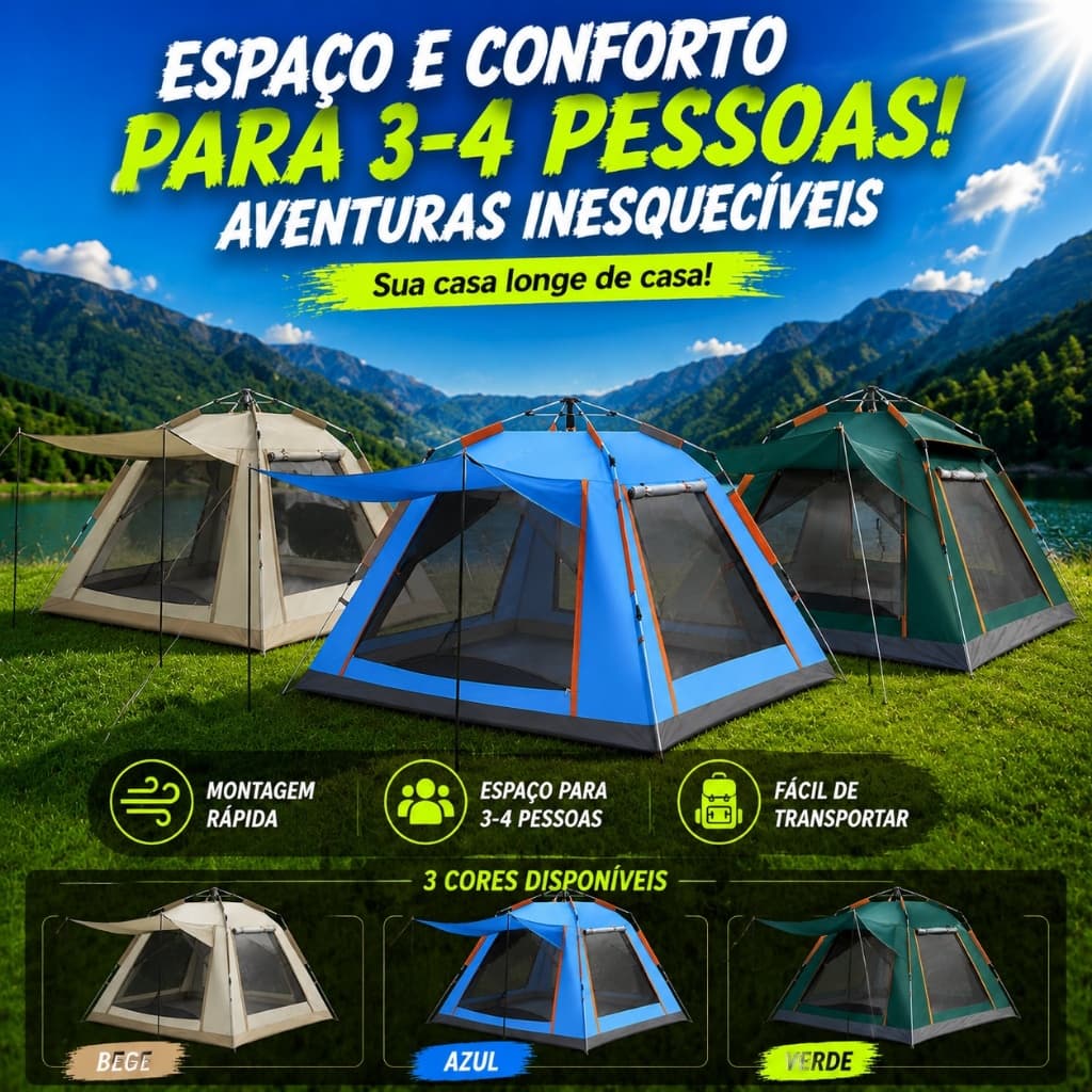 Barraca Camping Automática 5/6 Pessoas 240x240x155cm Oxford 210D Impermeável 3000mm Mosquiteiro B3Tenda Portátil