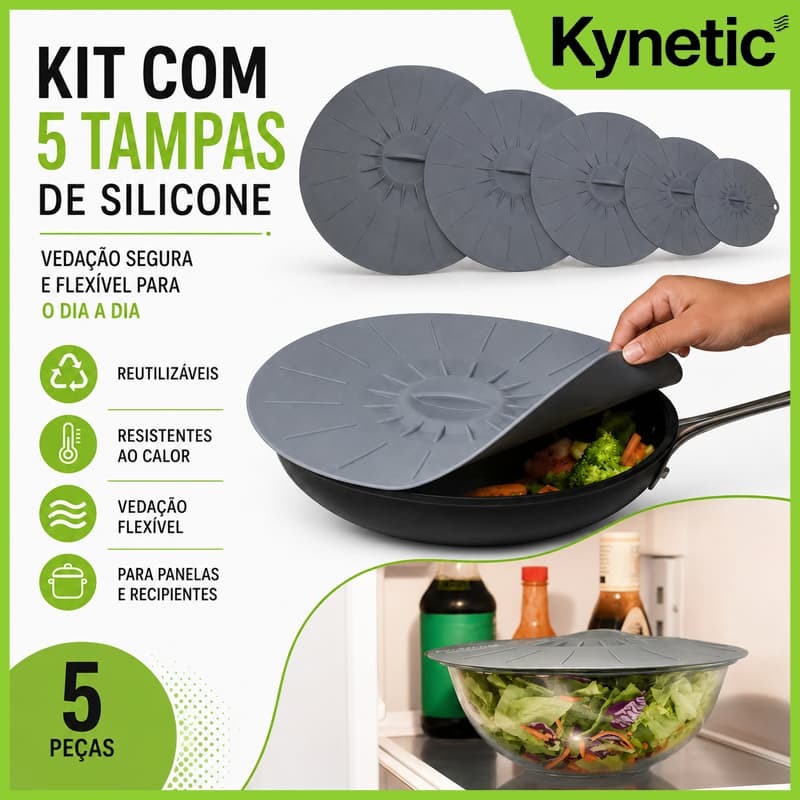 Kit 5 Peças de Tampas de Silicone para Panelas e Tigelas – Ideal para Micro-ondas – 5 Tamanhos Diferentes–CINZA