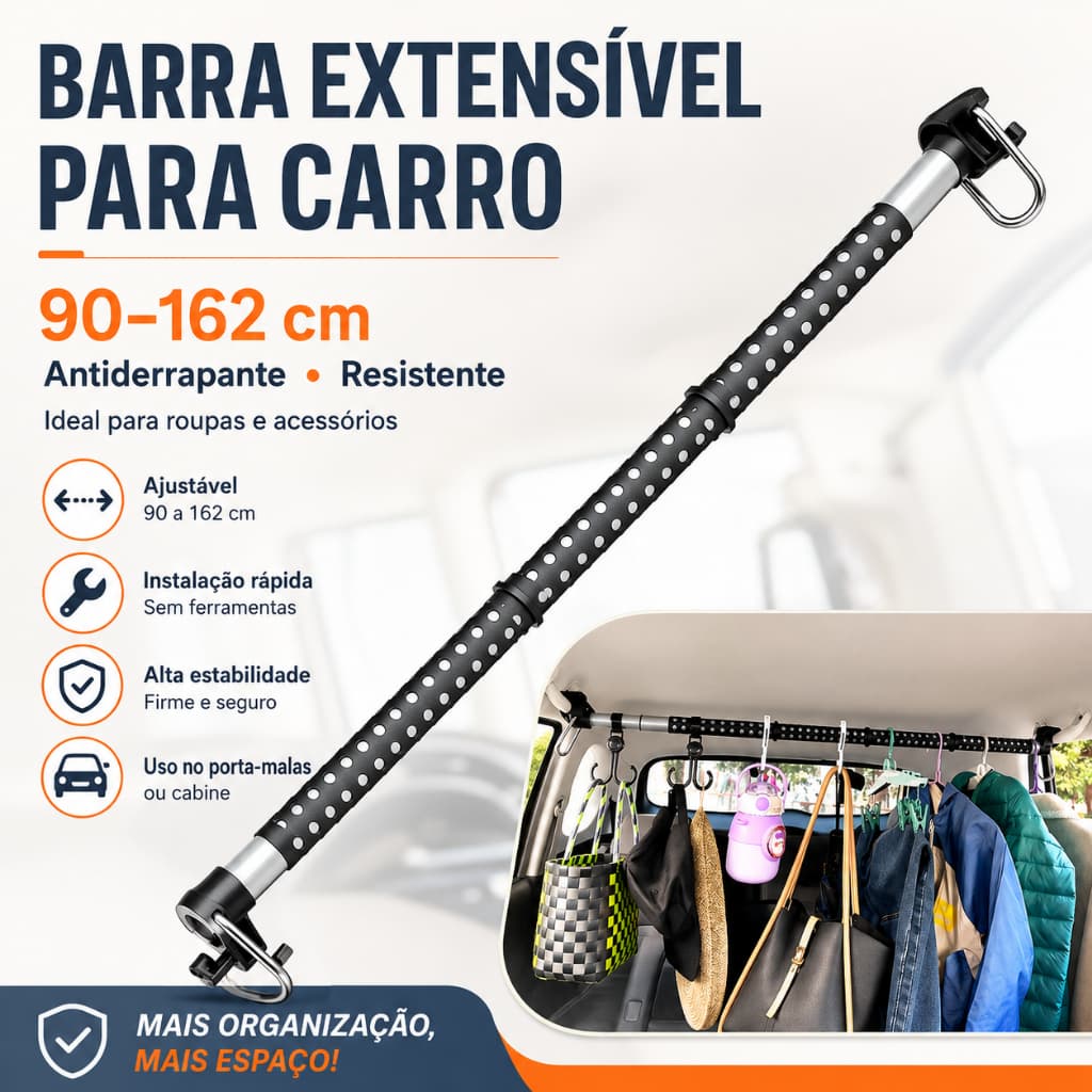Suporte retrátil interno automotivo de aço inoxidável 90‑162 cm, rack para pendurar roupas e bolsas