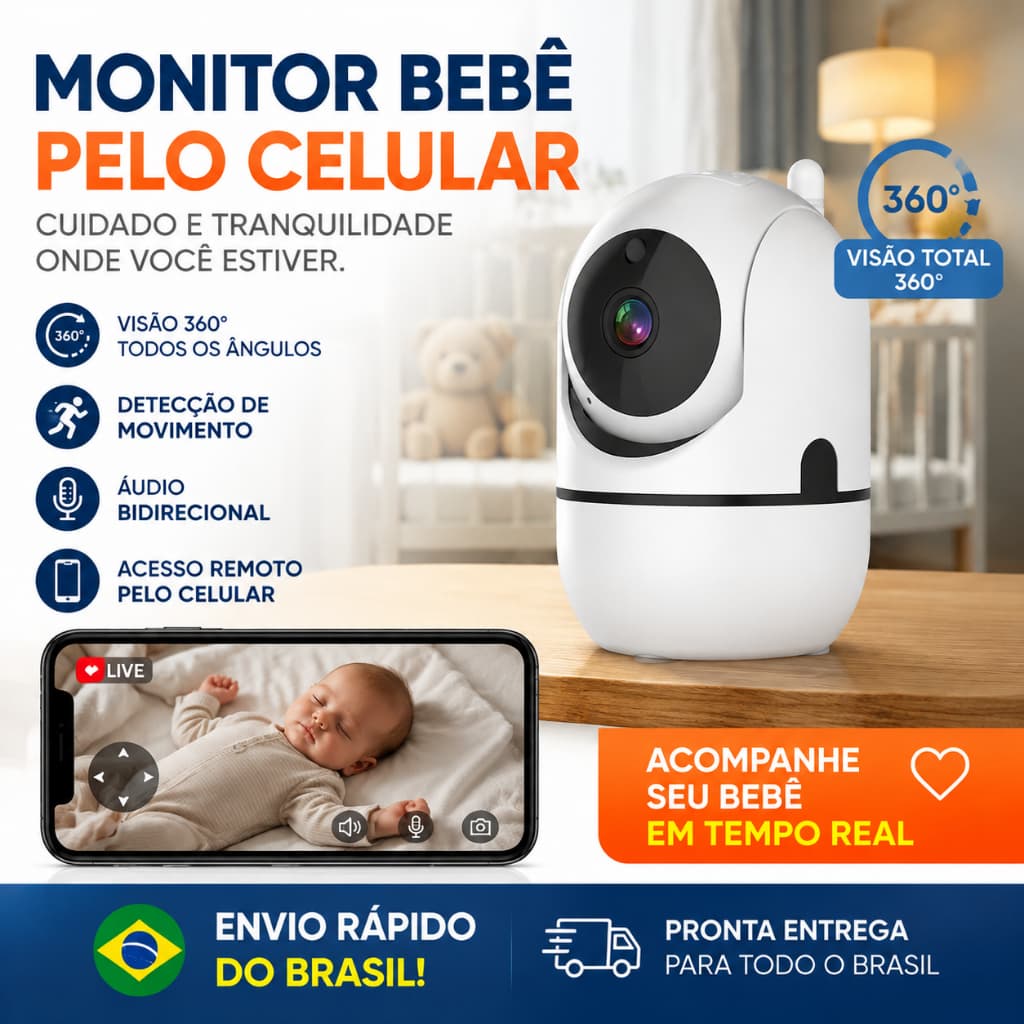 Babá Eletrônica Câmera de Segurança WiFi 360° Full HD 1080p Visão Noturna Infravermelha Áudio Bidirecional Rastreamento