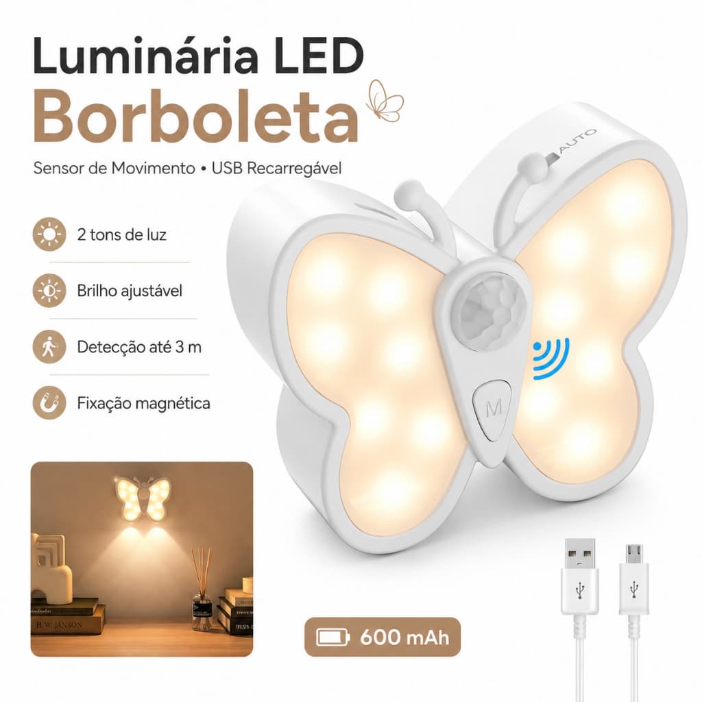 Luminária Noturna LED Borboleta com Sensor de Movimento,USB Recarregável para Sala,Quarto,Escritório