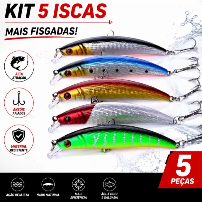 Kit 05 Iscas Artificiais Importadas 1/2 Meia Água de 9 cms e 8,5 gramas Pesca Tucunaré Traíra Dourado Robalo Black Bass