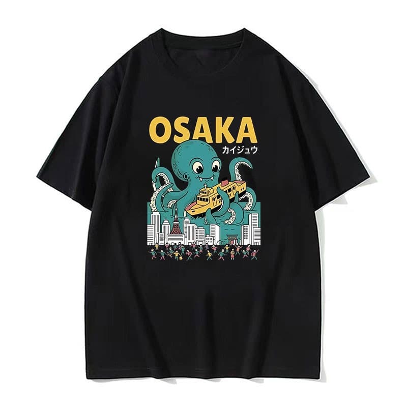 Camiseta De Algodão Unissex Com Estampa Retrô Osaka Octopus Cityscape