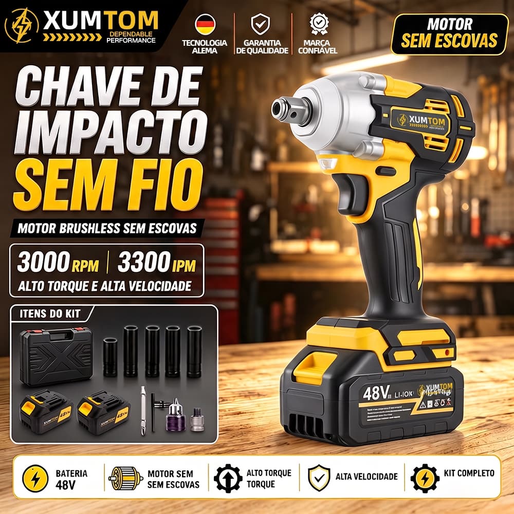 Chave de Impacto Sem Escova 450NM Alto Torque Kit com 2 Baterias 48V Ferramenta Elétrica Para Mecânica e Construção