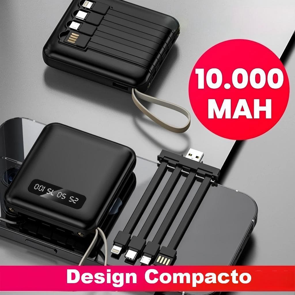 10000mah Carregador Portátil con 4 cables de carga rápida Banco de energía digital LED com iluminação