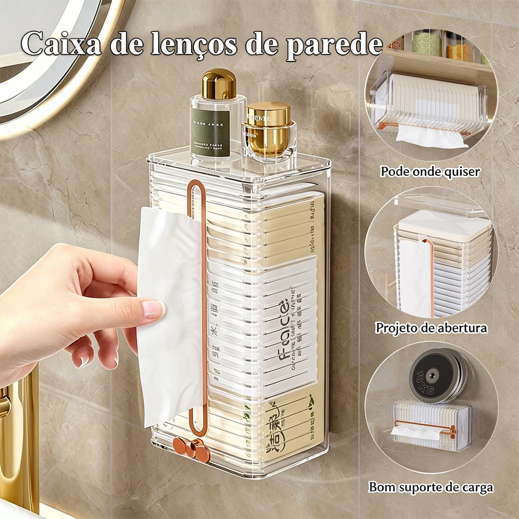 Caixa Porta Lenço Acrílico Transparente Com Tampa E Gancho, Para Parede, Mesa E Pia